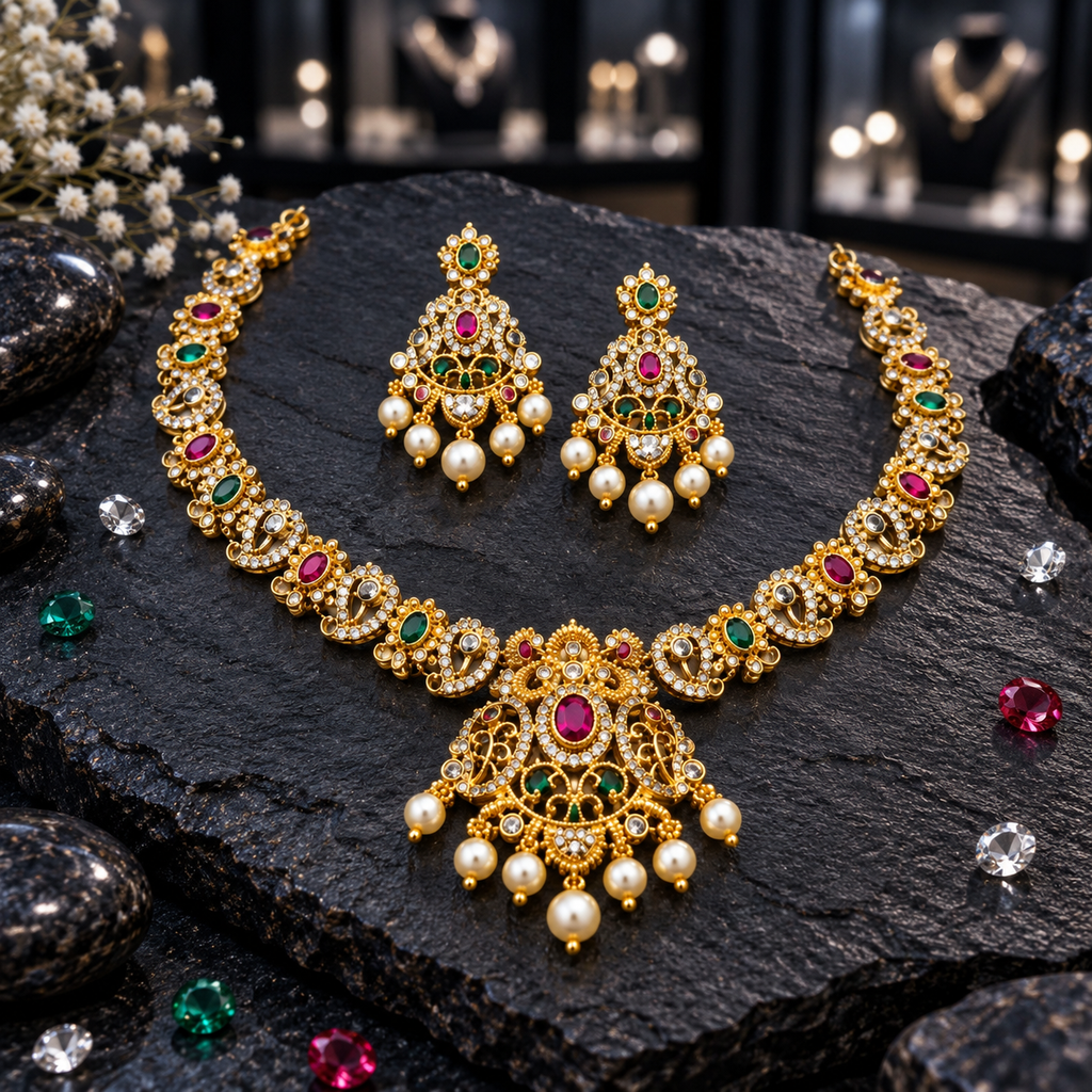 South Indian-style gold-tone necklace with deep-pink and green oval accents, an ornate scrollwork pendant and cream-white pearl-look drops, with matching earrings.