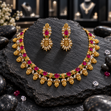 Gold-tone South Indian-style necklace with vivid pink oval accents, small green details, embossed oval charm fringe and cream pearl-look accents, with matching earrings.