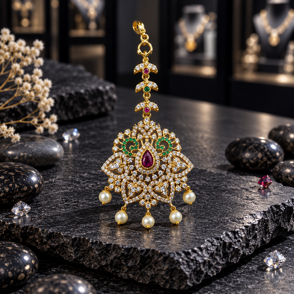 Gold-tone South Indian-style ornament with a red teardrop centre, green scroll accents, clear sparkling details and five cream pearl-look drops.