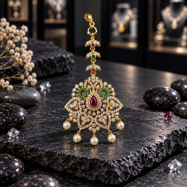 Gold-tone South Indian-style ornament with a red teardrop centre, green scroll accents, clear sparkling details and five cream pearl-look drops.