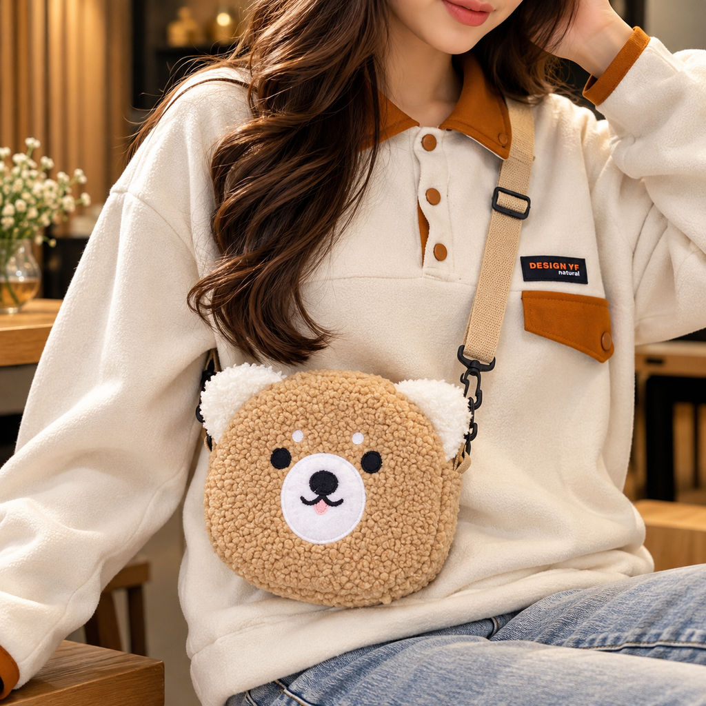 Tan curly-textured teddy-face bag with cream ears and a coordinating strap, worn crossbody over a cream sweatshirt.