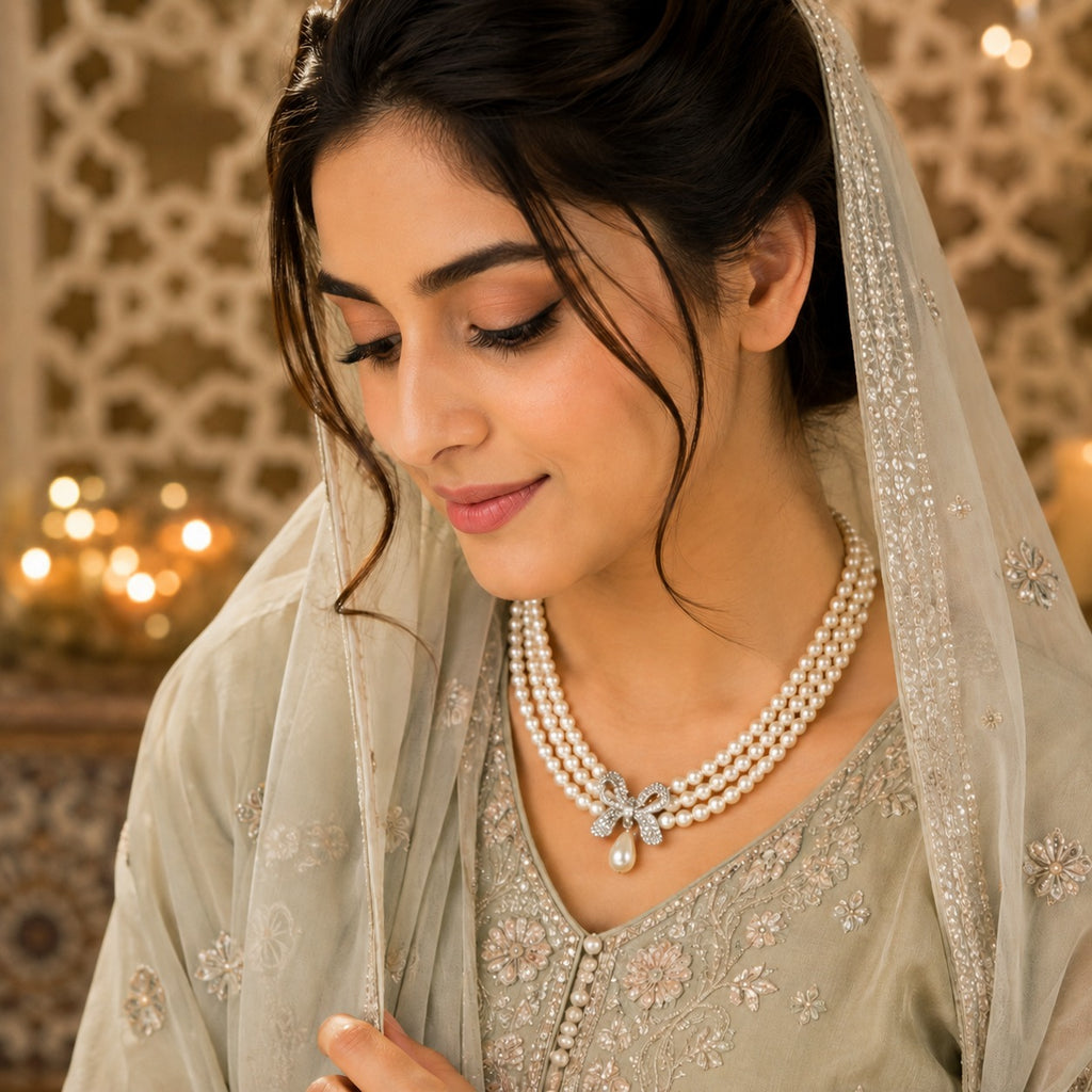 Three-Strand White Pearl Choker Necklace with Silver Pavé CZ Bow & Teardrop Pearl Pendant worn by Pakistani bridal model in sage green embroidered suit with Mughal arch and candle backdrop