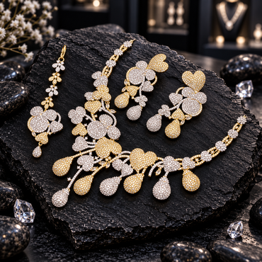 Gold and silver-tone clear-accent necklace with heart and floral-inspired panels and cascading teardrops, matching double-drop earrings and bindia.