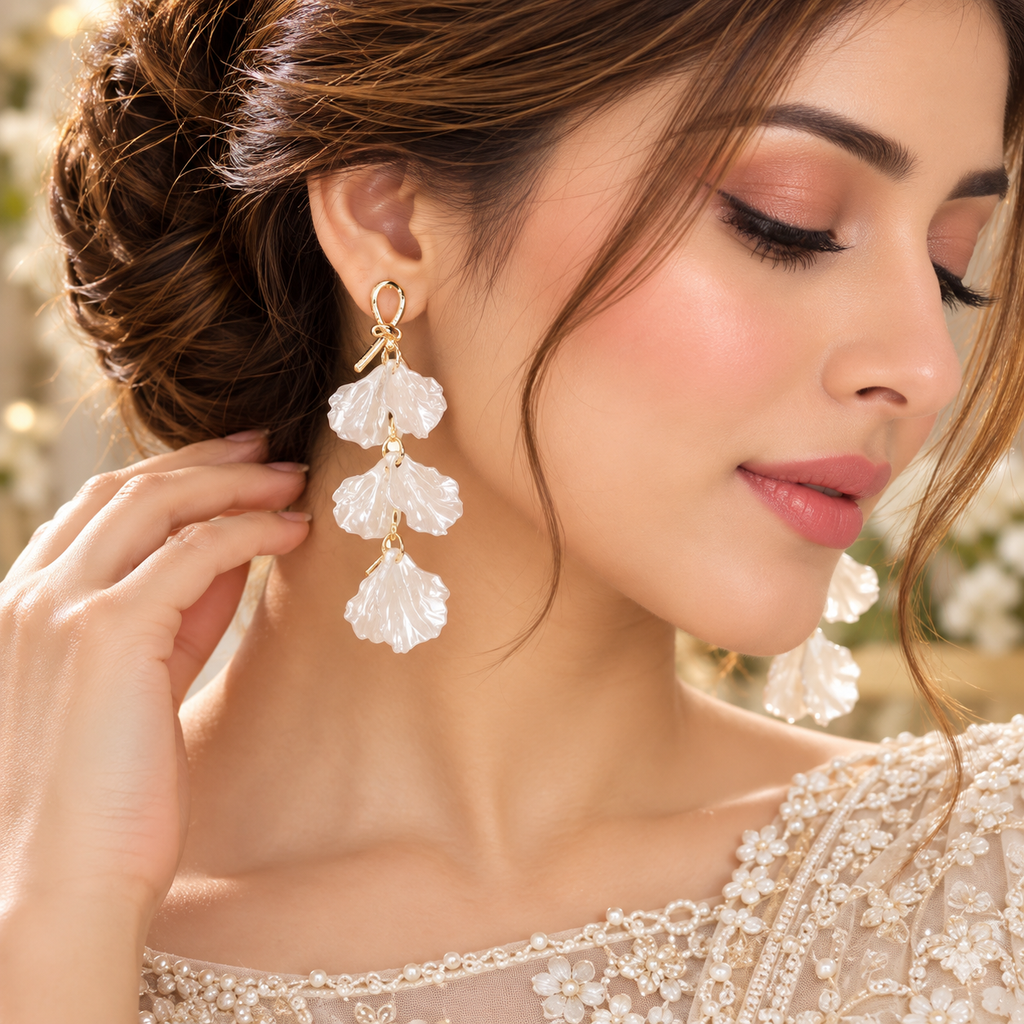 Model wearing long white pearlescent-look petal drop earrings with three dangling tiers and gold-tone loop-and-bow tops.