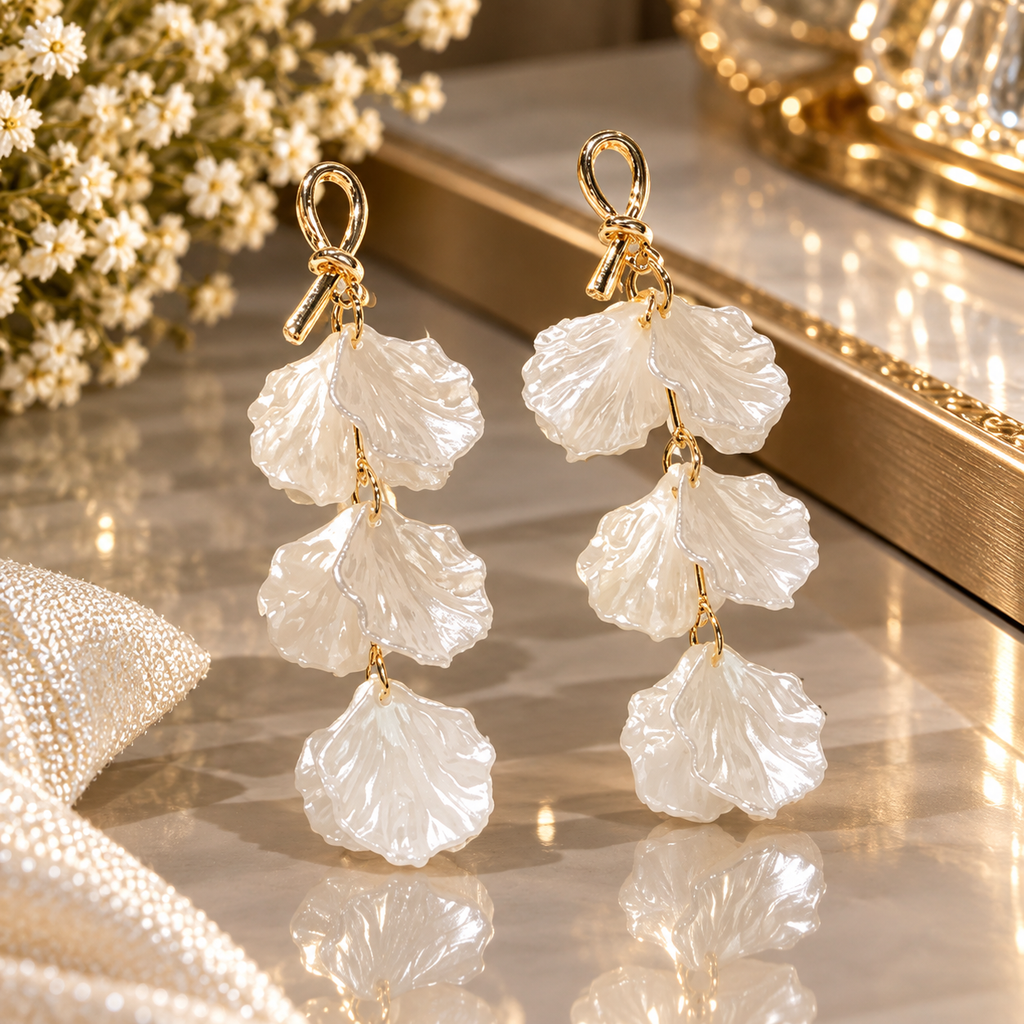 Pair of white pearlescent-look petal drop earrings with textured scalloped edges, three tiers and gold-tone loop-and-bow details.
