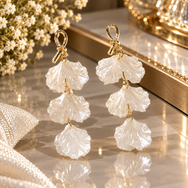 Pair of white pearlescent-look petal drop earrings with textured scalloped edges, three tiers and gold-tone loop-and-bow details.