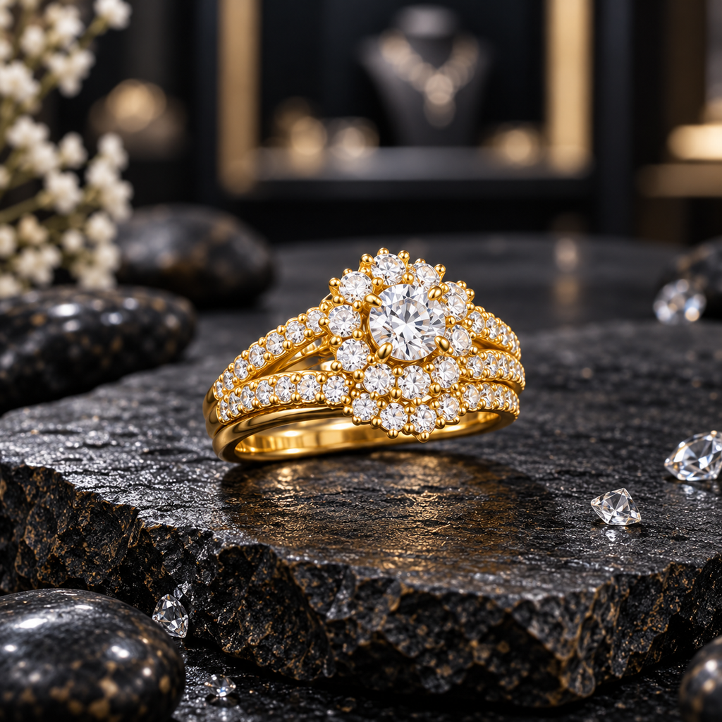 Xuping gold-tone ring with a round clear-looking centre, an elongated floral cluster and layered clear-accent shoulders.