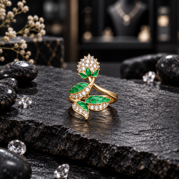 Xuping gold-tone ring with crossing curved stems, green leaf panels with gold-tone vein lines and a raised clear-looking floral cluster.