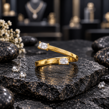 Xuping gold-tone open wrap ring with two offset clear rectangular accents, four-corner settings and fine lengthwise texture on the band.