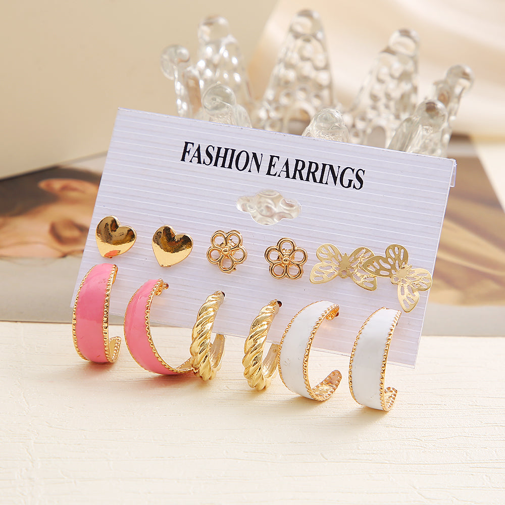 Trendy Gold Geometirc Square Round Pearl Hoop Earrings Set DTE0001